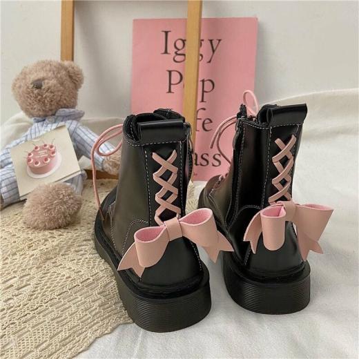 Boots | Womens  Kawaii Bow Tie Lolita Flat Platform Boots Boots black