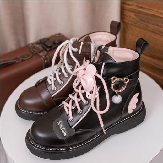 Boots | Womens  Kawaii Japanese Pink Bear Bow Tie Lolita Martin Boots Boots black