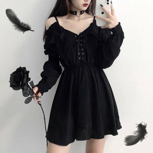 Goth Dresses | Womens  Gothic Off Shoulder Sexy Long Sleeve Dress Goth Dresses Goth Dresses