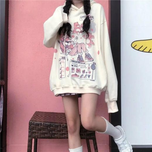 Hoodies | Womens  Harajuku Kawaii Anime Printed Oversized Hoodie Hoodies Beige