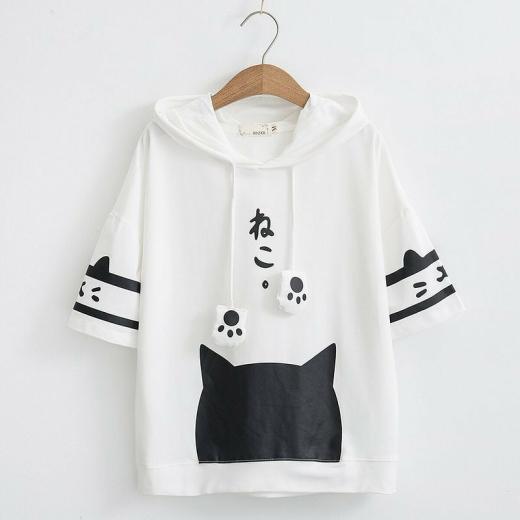 Hoodies | Womens  Japanese Kawaii Cat Kitten Print Summer Hoodie Hoodies black