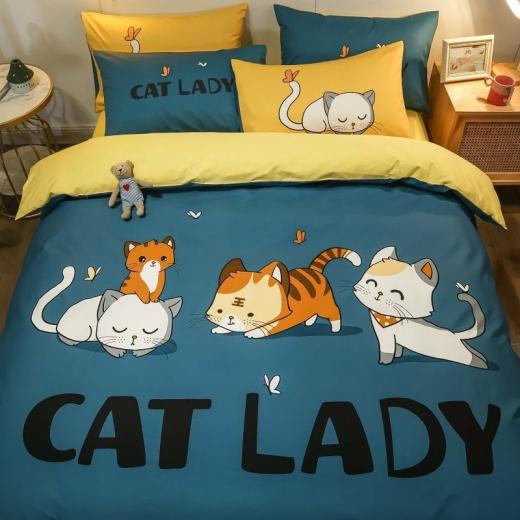 Kawaii Bed Sets |   Cute Animals Cat Lady Bedding Set Accessories Fitted Bed Sheet