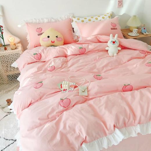 Kawaii Bed Sets |   Kawaii Peach Strawberry Bedding Set Accessories Flat Bed Sheet