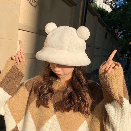 Kawaii Cap |   Fluffy Teddy Ears Bucket Hat Accessories black