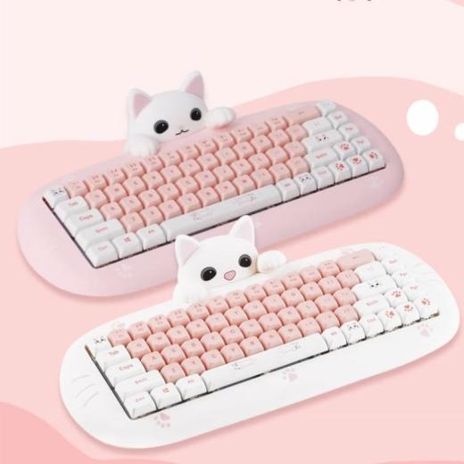 Kawaii Keyboard |   Kawaii Cat-Shaped Pink Wireless Bluetooth Mechanical Keyboard Accessories Kawaii Keyboard