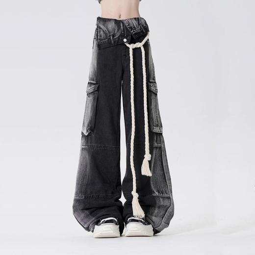 Kawaii Pants | Womens  American Style Black And Gray Straight-Leg Work Jeans Kawaii Pants black