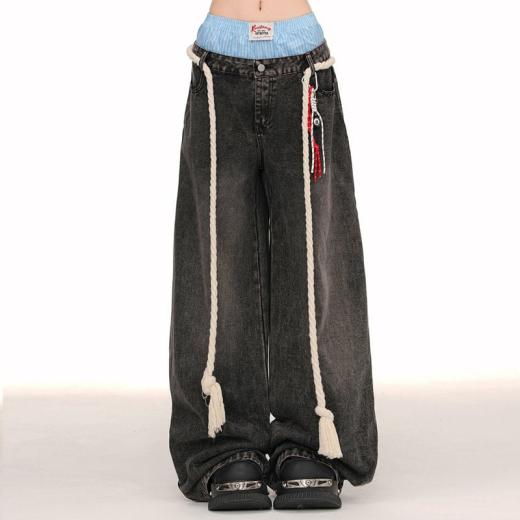 Kawaii Pants | Womens  American Style Double Waist Loose Wide-Leg Jeans Kawaii Pants black