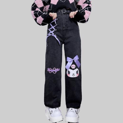 Kawaii Pants | Womens  Cute Japanese Harajuku Style Kuromi Printed Jeans Kawaii Pants Gray black