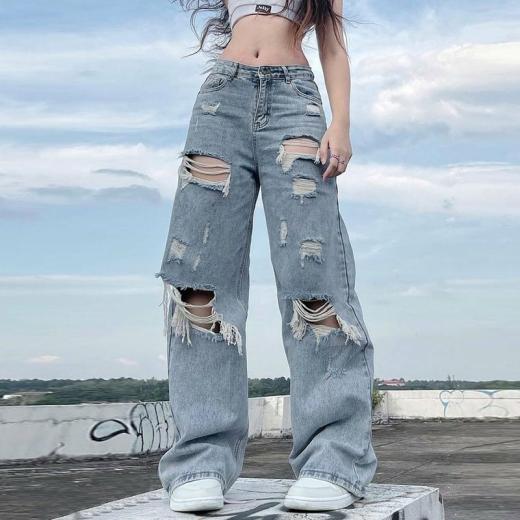 Kawaii Pants | Womens  Ripped Loose Denim Street Pants Kawaii Pants Blue