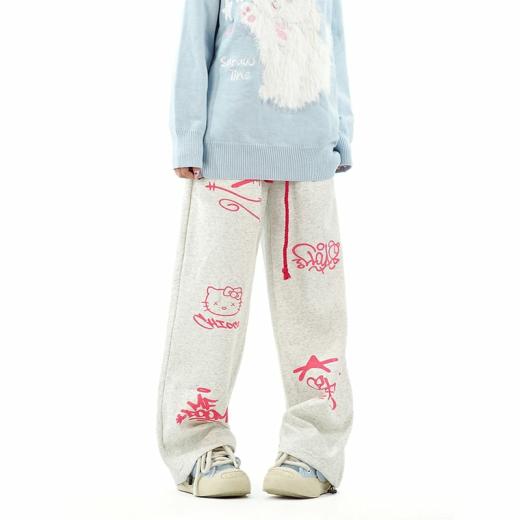 Kawaii Pants | Womens  Sweet Girl Style Graffiti Hello Kitty Printed Straight Pants Kawaii Pants black