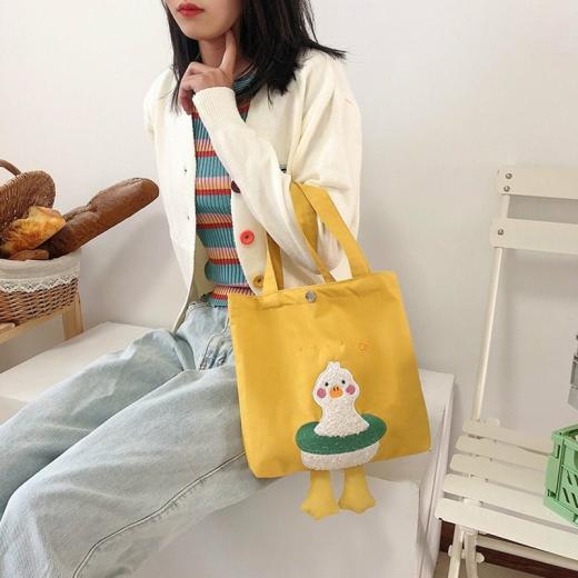 Kawaii Tote Bags |   Japanese Style Plush Duck Canvas Tote Bag Bags Green 01