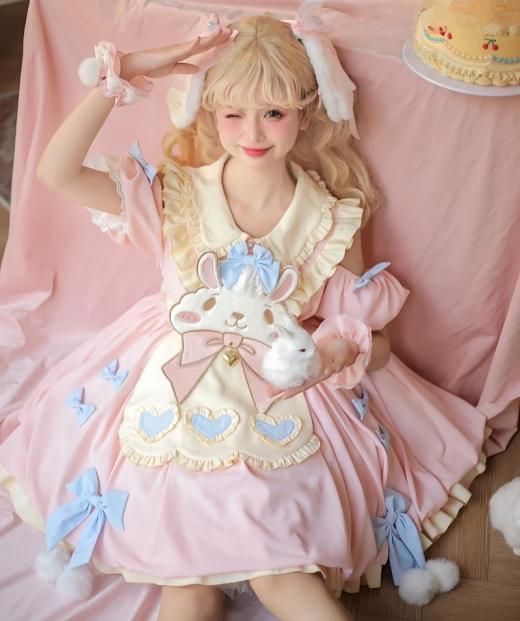 Lolita Dresses | Womens  Cute Pink Cartoon Bunny Embroidered Lolita Dress Lolita Dresses Blue dress