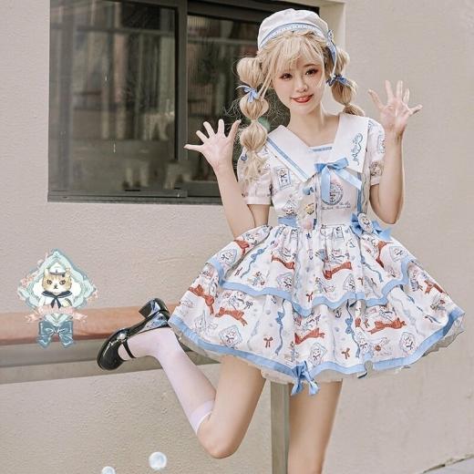 Lolita Dresses | Womens  Kawaii Blue Cartoon Navy Cat Print Lolita Dress Lolita Dresses Blue