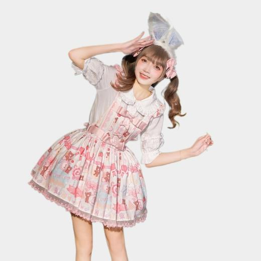 Lolita Dresses | Womens  Kawaii Sweet Cartoon Bear Cake Printed Lolita Overalls Dress Lolita Dresses Beige