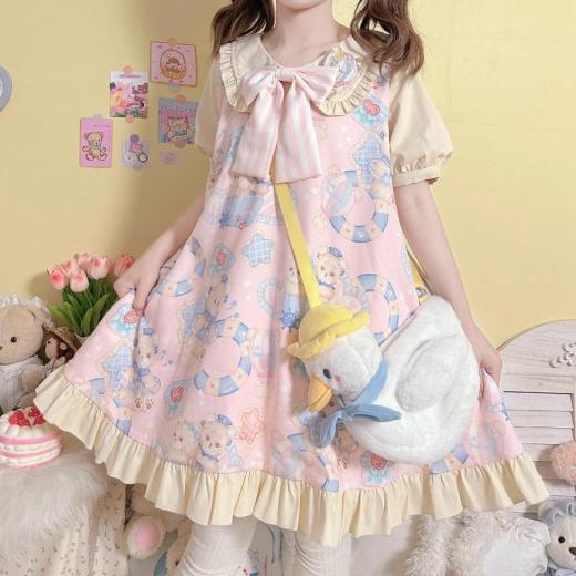 Lolita Dresses | Womens  Kawaii Sweet Style Cartoon Navy Bear Print Lolita Op Dress Lolita Dresses Blue