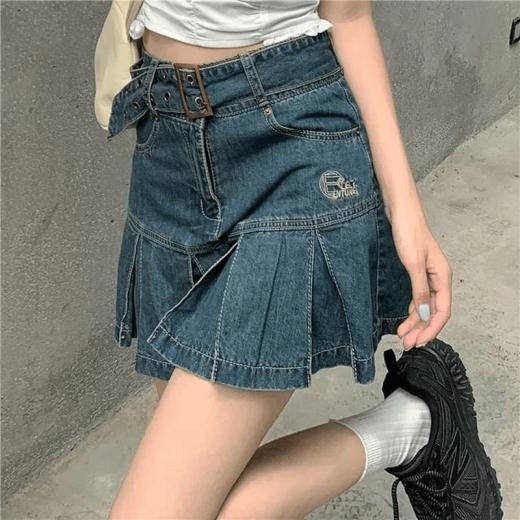 Skirts | Womens  Korean Retro Belt Pleated Denim Skirt Skirts black