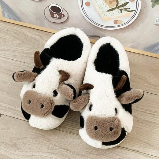 Slippers | Womens  Kawaii Milky Cow Fluffy Slippers Slippers Ltyle1-black