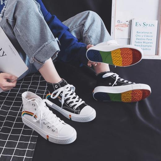 Sneakers | Womens  Kawaii Rainbow Print Canvas Shoes Sneakers High Black