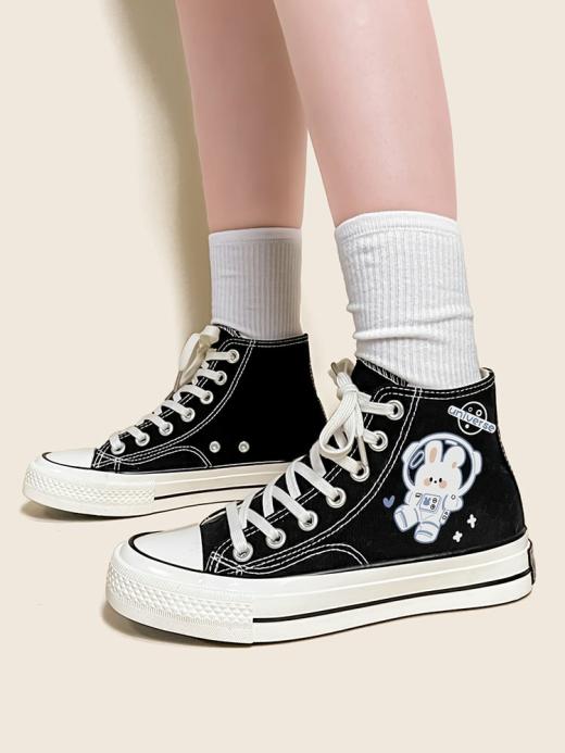 Sneakers | Womens  Kawaii Space Bunny Canvas Hi Tops Canvas Shoe Sneakers black