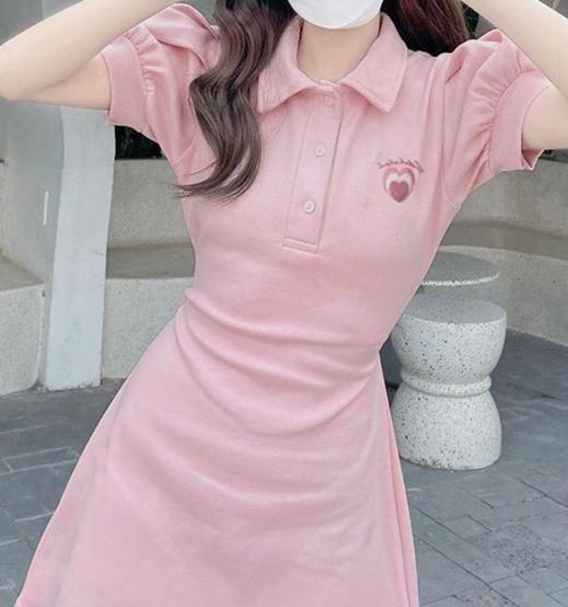 Summer Dresses | Womens  Heart Puff Sleeve Polo Dress Summer Dresses Pink