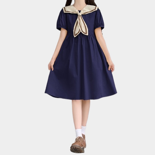 Summer Dresses | Womens  Sweet College Style Navy Neck Dress Summer Dresses Blue