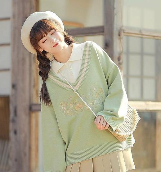 Sweaters | Womens  Kawaii Cute Floral Embroidery Fake Two Piece Sweater Suit Sweaters skirt