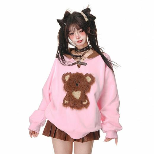 Sweaters | Womens  Kawaii Sweet Girl Style Pink Bear Embroidery Hooded Sweater Sweaters Khaki