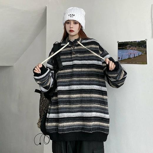 Sweaters | Womens  Korean Retro Striped Loose Pullover Sweater Sweaters black