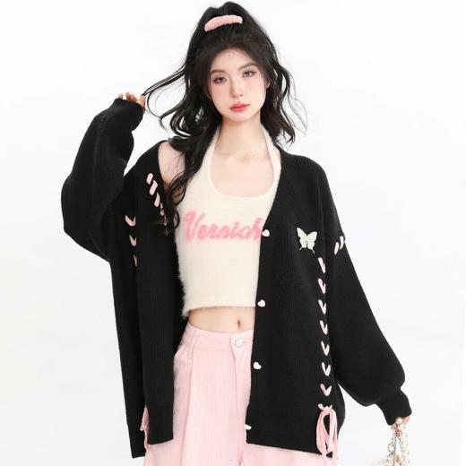 Sweaters | Womens  Lazy Style Black Pink Love Knit Cardigan Sweaters black