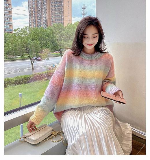 Sweaters | Womens  Rainbow Gradient Stripe Loose Sweater Sweaters Blue