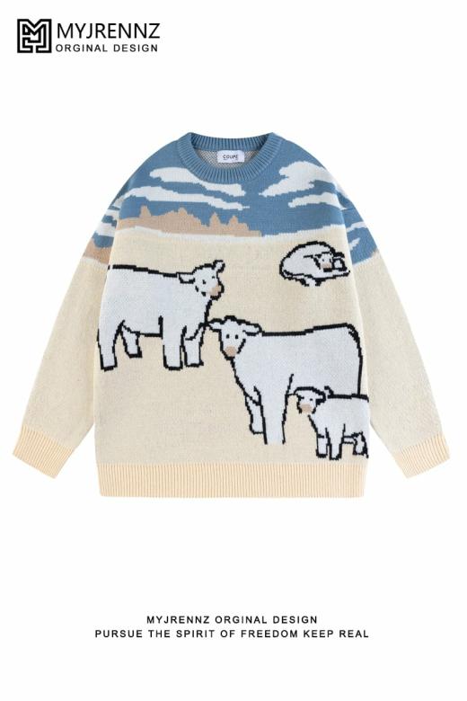 Sweaters | Womens  Vintage Cow Embroidered Loose Crew Neck Sweater Sweaters Apricot