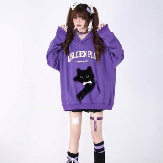 Sweatshirt | Womens  Kawaii Sweet Girly Style Purple 3D Embroidered Kitten Sweatshirt Hoodies black