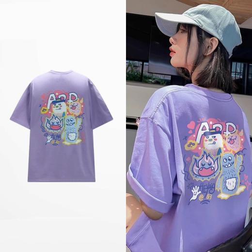 T-Shirts | Womens  Cartoon Graphic Print Loose Purple T-Shirt T-Shirts black