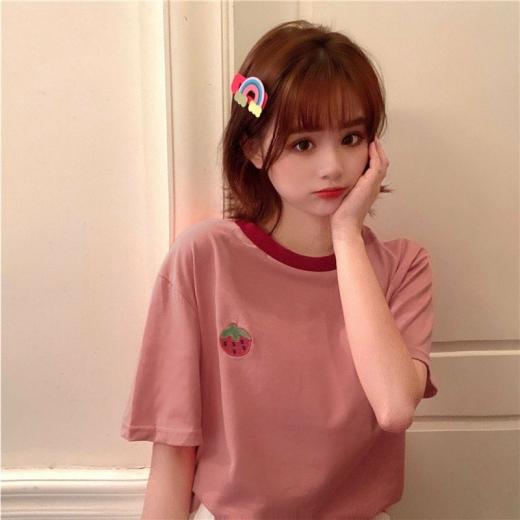 T-Shirts | Womens  Cute Pink Strawberry Embroidered Loose T-Shirt T-Shirts Pink