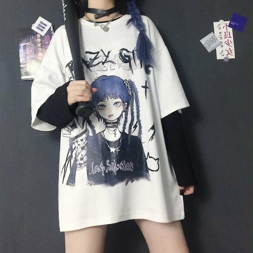 T-Shirts | Womens  Gothic Anime Print Loose T-Shirts T-Shirts black