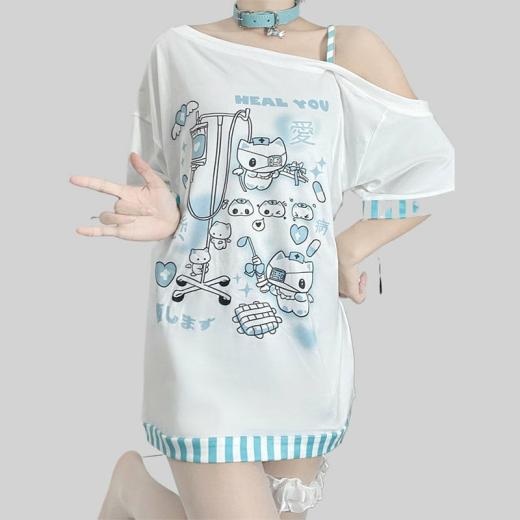 T-Shirts | Womens  Japanese Jirai Kei Style Off-Shoulder Cartoon Print Loose T-Shirt T-Shirts T-Shirts