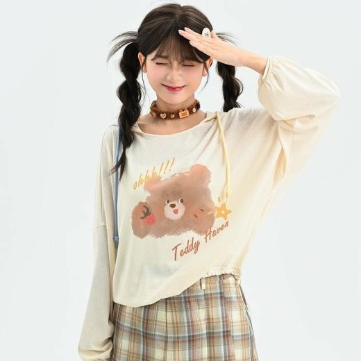 T-Shirts | Womens  Kawaii Apricot Cartoon Bear Print Long Sleeve Hooded T-Shirt T-Shirts Apricot