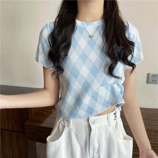 T-Shirts | Womens  Kawaii Blue Diamond Check Casual T-Shirt T-Shirts black