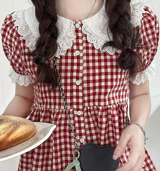 T-Shirts | Womens  Kawaii Lace Collar Red Plaid Doll Shirt T-Shirts T-Shirts