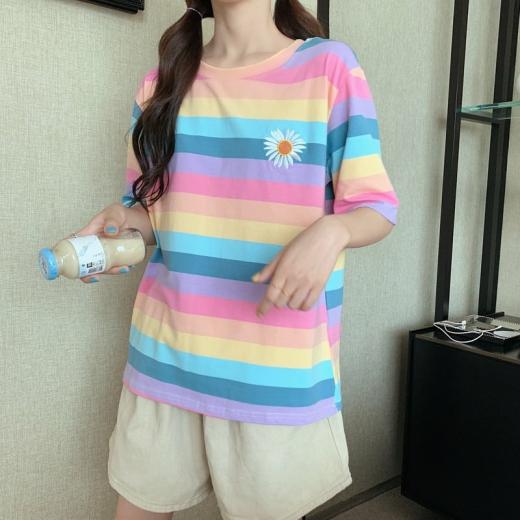 T-Shirts | Womens  Kawaii Pastel Rainbow Stripe T-Shirt T-Shirts T-Shirts