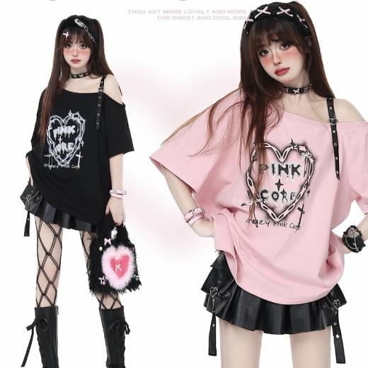 T-Shirts | Womens  Kawaii Punk Girl Style Leather Button Off-Shoulder Loose T-Shirt T-Shirts Pink