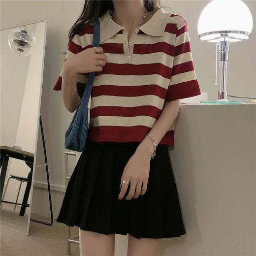 T-Shirts | Womens  Kawaii Turn-Down Collar Striped T-Shirt T-Shirts black