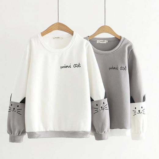 T-Shirts | Womens  Mini Cat Embroidery Long Sleeve Sweatshirt T-Shirts Gray