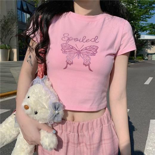 T-Shirts | Womens  Pink Butterfly Crop Top T-Shirts T-Shirts