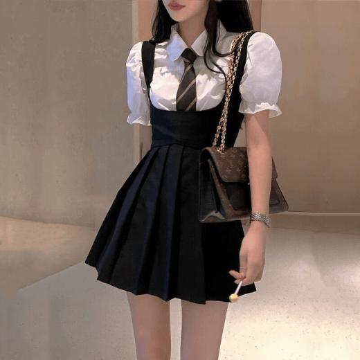 T-Shirts | Womens  Puff Sleeve T-Shirt Tie Pleated Suspender Skirt Set T-Shirts T-Shirts