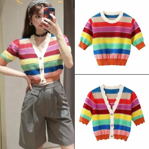 T-Shirts | Womens  Rainbow Striped Sweater Shirt Sweaters button up shirt