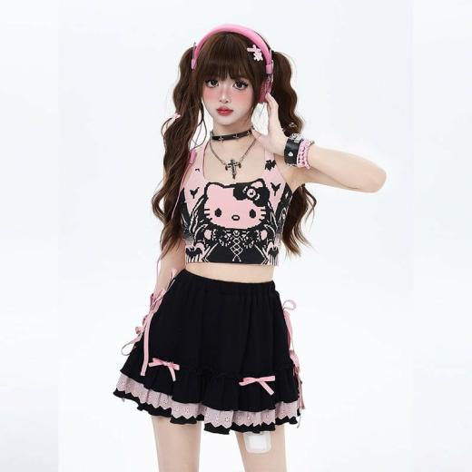 T-Shirts | Womens  Summer Gothic Style Hello Kitty Print Suspender T-Shirts black