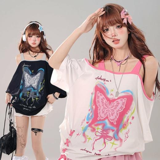 T-Shirts | Womens  Summer Sweet Cool Girl Style Butterfly Print Off-Shoulder T-Shirt T-Shirts black