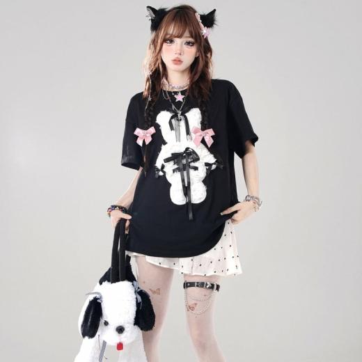 T-Shirts | Womens  Summer Sweet Cool Girl Style Cartoon Bear Embroidered T-Shirt T-Shirts black