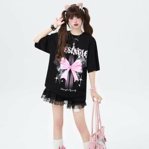 T-Shirts | Womens  Summer Sweet Cool Style Bow Print Loose T-Shirt T-Shirts black